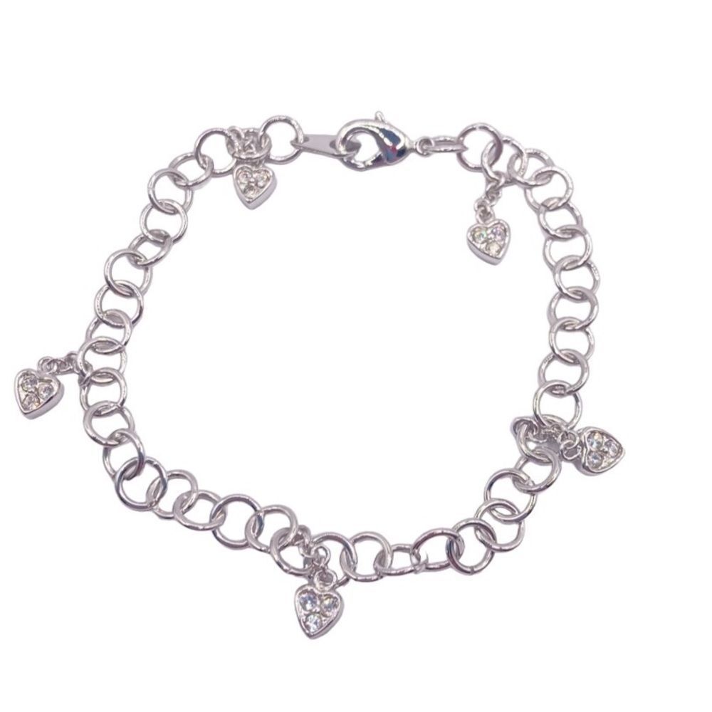 Dainty Silver Link Chain Rhinestone Heart Dangle Charm Bracelet